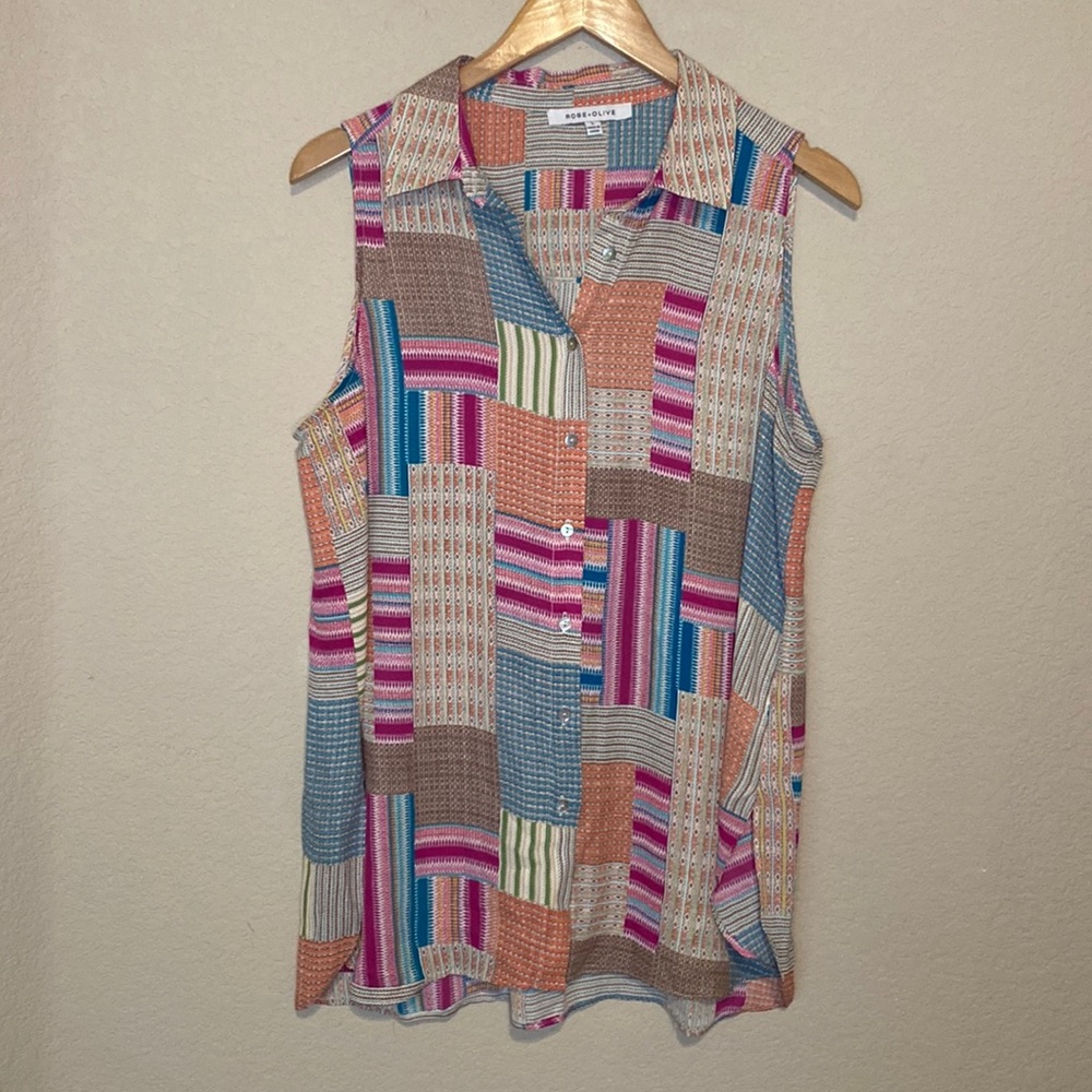 Rose + Olive Patchwork Button Down Sleeveless Top… - image 2